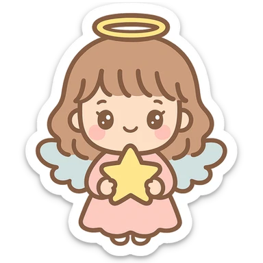 cartoon brown haired girl with bangs and lashes, angelic outfit, holding a star, radiant halo, soft pastel colors sticker