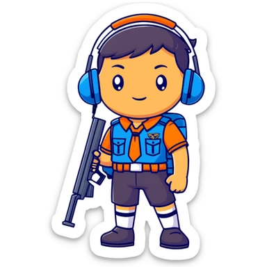 Team Fortress 2 Scout with blue uniform, headset, Boston accent, slim body, carrying scattergun, official character design sticker