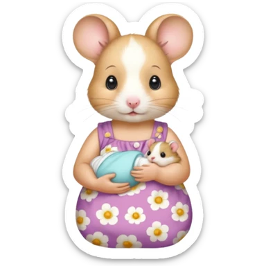 Mama white pretty hamster girl wearing floral dress holding a baby hamster wearing nappy and dummy sticker