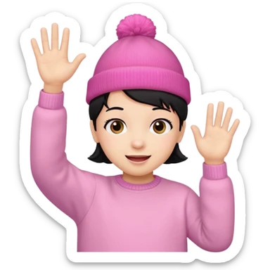 Kid in pink hat and jumper waving, blakc hair sticker