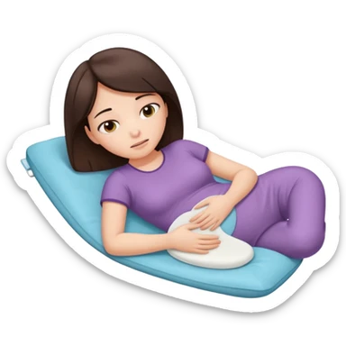  a brunette girl lying down on her side, holding a warm heating pad against her lower belly. She's uncomfortable and sad, her posture should show she’s having menstrual cramps. Use simple lines, rounded shapes, soft colors, and a clean emoji aesthetic. Make it expressive but still adorable sticker