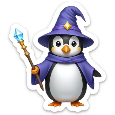 Penguin wearing wizard hat and robe holding a magic wand sticker