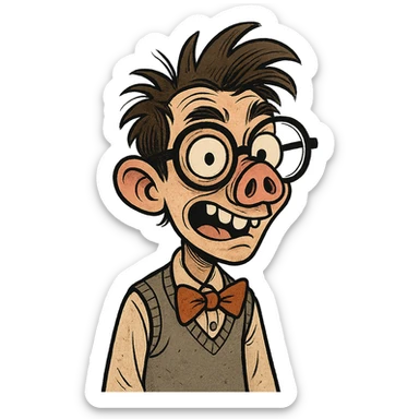 a quirky and expressive nerd character with glasses and the nose of a pig sticker