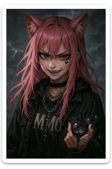 realistic anime catgirl with pink hair, emo streetwear, heart tattoo under left eye, dark magical accessory, sparkles, stormy background, villainous scary expression with smirk and sharp eyes sticker
