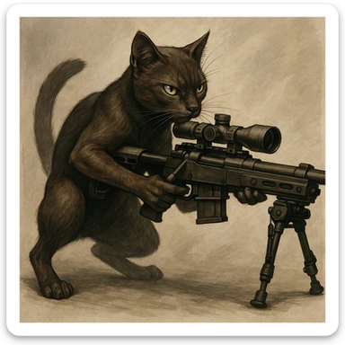 a cat holding a sniper rifle, detailed, dynamic pose sticker