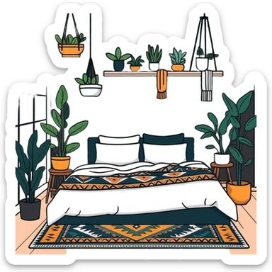 modern bohemian bedroom with hanging plants, layered patterned rugs, and lots of cozy blankets on bed sticker