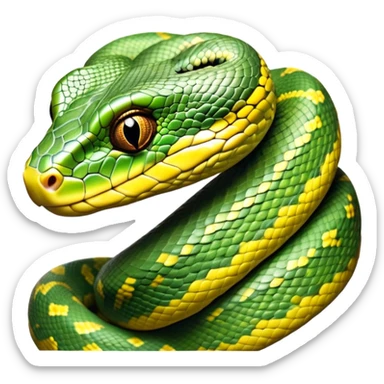 cinematic-green tree python-realistic-full-body-coiled-emoji,-thick-scaled-body-looped-tightly,-intricate-brown-and-gold-patterned-scales-reflecting-light,-head-tilted-dramatically,-slitted-eyes-staring-calmly,-simplified-yet-realistic-focused-feature sticker