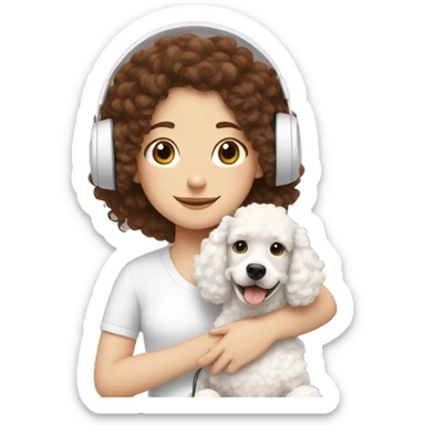 white girl with brown curly hair and headphones hugging a white poodle sticker