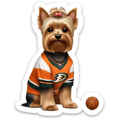 Yorkie wearing an Anaheim ducks jersey sticker