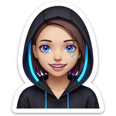 a girl with a brown bob and blue eyes in a black hoodie laughs and holds her head Cyberpunk style. Violet neon. sticker