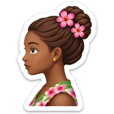 black girl side profile, brown hair in a bun, Hawaiian flower in hair sticker
