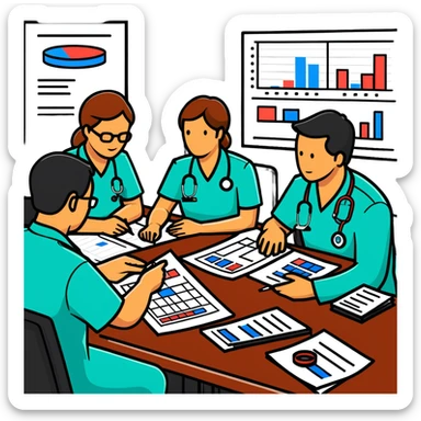 Emergency medical team in a committee meeting with charts and funding documents sticker