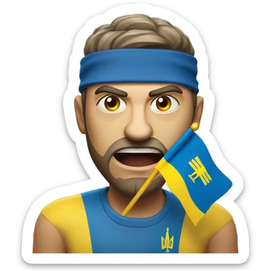 super-realistic angry Ukrainian with ukranian flag sticker