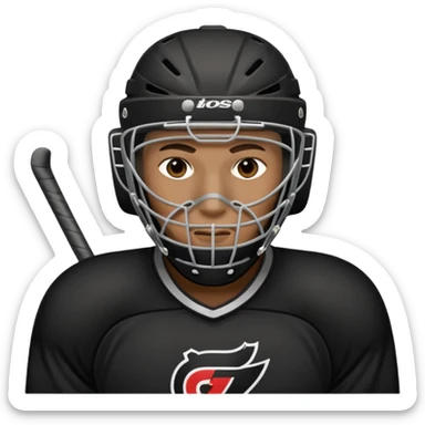 black Hockey player who have  a goalkeeper mask which have small holes sticker