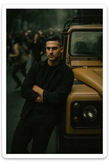 An aerial cinematic shot of me leaning against a yellow land rover defender on the street, wearing a t-shirt under a black jacket. A blurry crowd of people running around me. Gloomy lighting, 35mm film style, shallow depth of field, sharp focus on me.  sticker