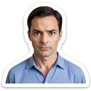 Man in his 40s with wide square face, marked jawline, full cheeks, looking incredulous with raised eyebrows, skeptical expression, medium dark brown eyes widened in disbelief, thick natural eyebrows, wide nose, mouth in a doubting smirk, short neat dark hair, wearing a blue button-up shirt sticker