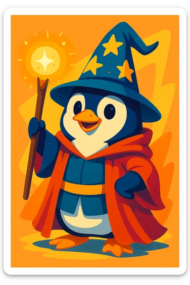 a penguin dressed as a wizard, with a pointy hat and a magic staff, in a charming, colorful style sticker