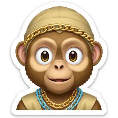 Dark monkey with a dew rag and gold chain and grill sticker