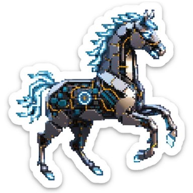 Galloping electric horse made of metal parts with lightning and electricity flowing through its body, dynamic pose sticker
