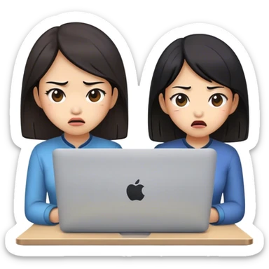 two asian girls disgusted in front of macbook sticker
