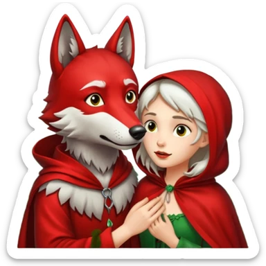Caperucita roja acariciando la cabeza de un lobo macho en un bosque sticker