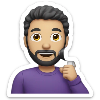 a white man with a black beard, with a purple tshirt, smiling, holding a megaphone next to his mouth sticker