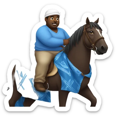 Fat black man wearing dirty blue bandannas and clothes riding a horse sticker