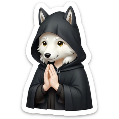 white wolf praying with black hooded cloak sticker