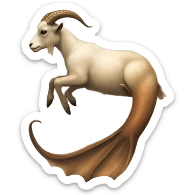 Goat attached to a long mermaid fish tail, creature mythology, earthy tones sticker