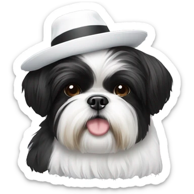 black and white Shih Tzu with a hat sticker