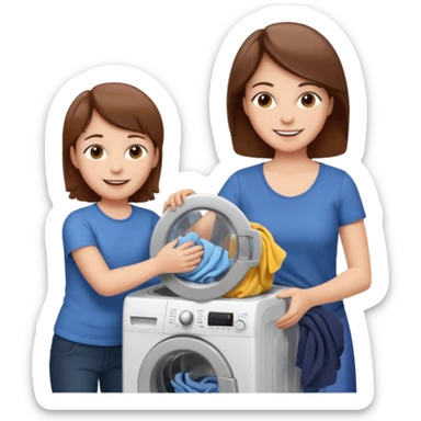 Mother and little son with brown hair putting clothes in the washing machine sticker