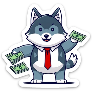 Wolf in football jersey and business tie throwing cash, stock market charts background sticker