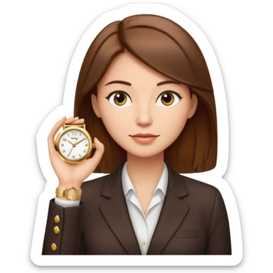 A buissnes Woman with Brown hair and a Gold watch sticker