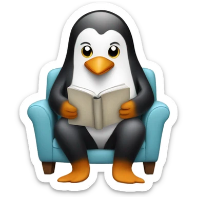 A penguin reading a book and drinking coffee while sitting on a cozy chair sticker