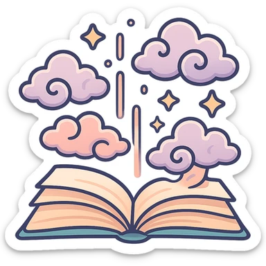 open book with magic flying out — clouds, glowing lines, stars, Chinese eastern style, thin clean outlines, soft rounded shapes, pastel palette #98B5BC, #B5B3C1, #C9A3C9, #E4C0CA, #F7DCD1, #F7C0AA, detailed shadows and highlights, soft lighting, transparent background, no decorative elements sticker