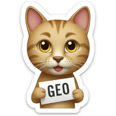 Cat holding a sign that have the word "geo" sticker