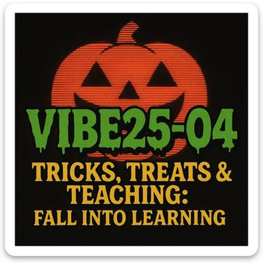 Create a logo that encompasses a retro 80's feel, nostalgic, ALSO RETRO.  Add the words "VIBE25-04: Tricks, Treats & Teaching: Fall Into Learning" sticker
