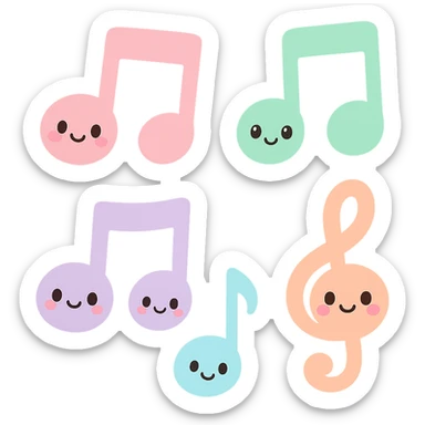 colorful music notes, kawaii style, cute faces, pastel colors sticker