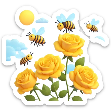 Polaroid photo with yellow roses and two cartoon bees, stylized yellow sky with sun and clouds, matching the reference image's composition and colors sticker