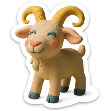 playful goat with curved horns, soft pastel colors, hand-molded details, claymation style sticker