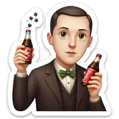 writer Lovecraft holding a bottle of cola and throwing dice, emoji style, more dramatic expression sticker