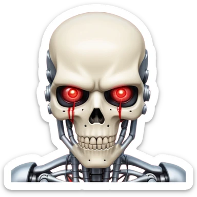 Terminator close-up, realistic, red glowing eye, damaged skin revealing endoskeleton, inspired by the 'I'll be back' scene sticker