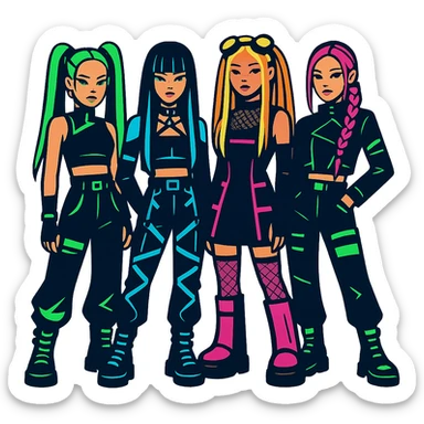 Blackpink in cyber goth style, neon highlights, futuristic dark fashion sticker