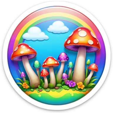 A round psychedelic colored button with bezeled edges and rainbow colored mushrooms sticker