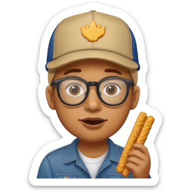 num num eatting hashbrown sticks with a trucking cap and glasses sticker