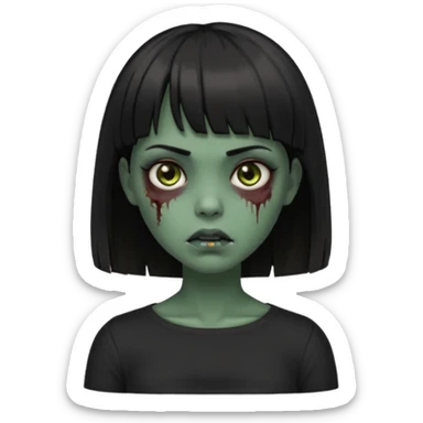 Zombie girl emoji verde escuro com cabelo curto liso preto no ombro e franja na altura da sobrancelha cobrindo completamente a testa, com uma blusa preta, olhos castanhos escuros sticker