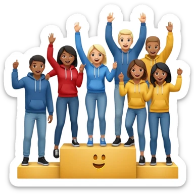 multi-racial people in jeans and hoodies on a winners’ podium, middle step higher, excited, fun, expressive emoji style sticker