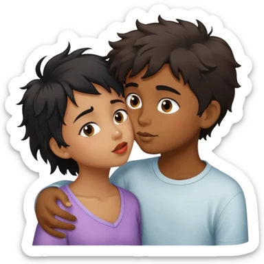 Un niño moreno con el pelo desordenado dándole un beso a un niña de pelo negro medio corto sticker