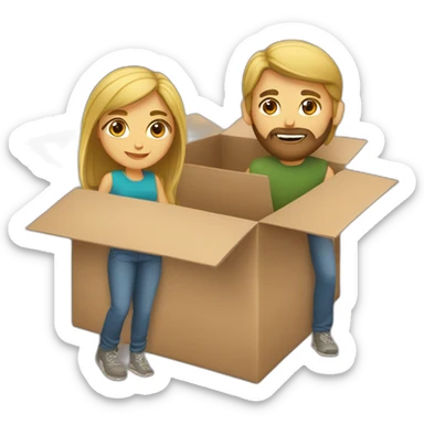 Brown hair girl and blond bearded in moving box sticker