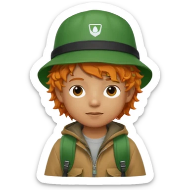 A little boy student curly orange hair, with green bucket hat, brown jacket, backpack sticker